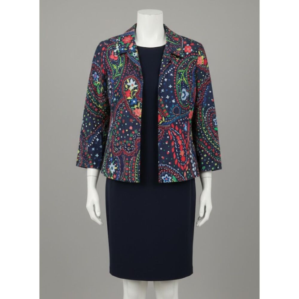 Alfred Dunner VIntage Open Front Petite Jacket Navy Paisley 10P- 3/4 sleeve